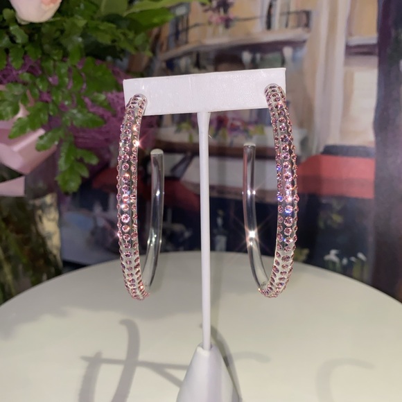 Large Oversized Clear Acrylic Hoop Earrings with Pink Swarovski Crystals - Picture 3 of 14